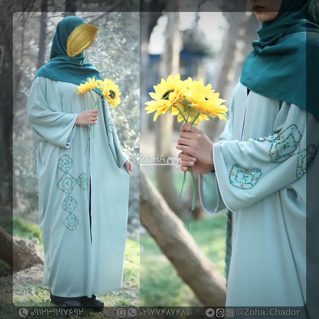 عبای ارغوان کیمونو سبز پاستیلی جنس پارچه حناین